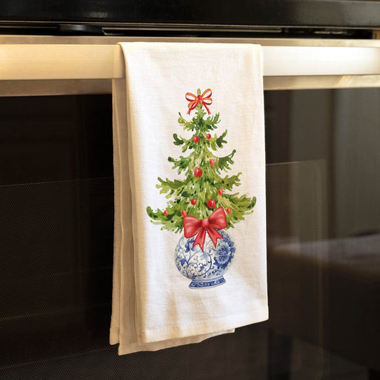 Chinoiserie Christmas Tree Holiday Kitchen Towel - Organic Cotton Flour Sack Tea Towel