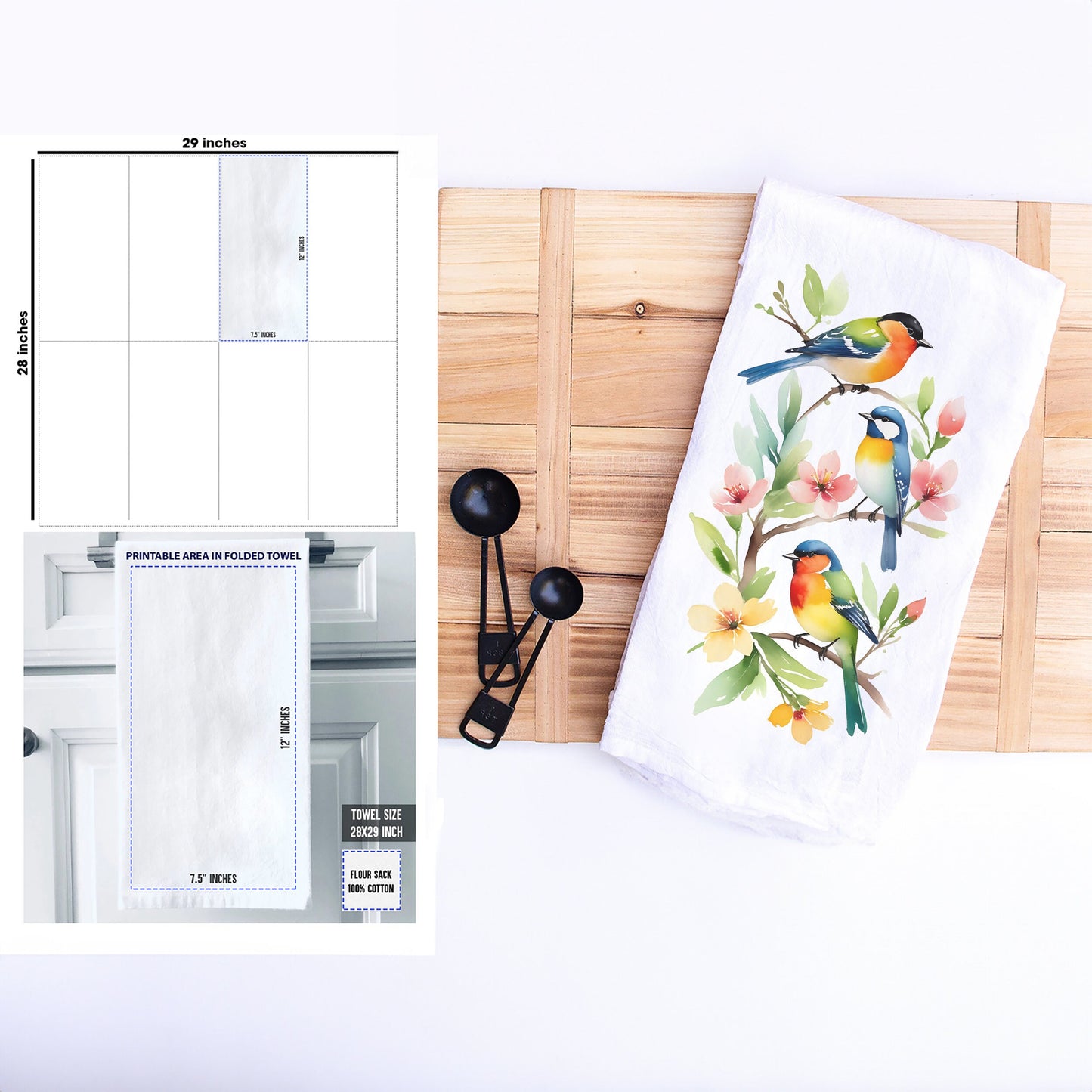 Spring Birds On Branch with Flowers -  White Flour Sack Kitchen Towel