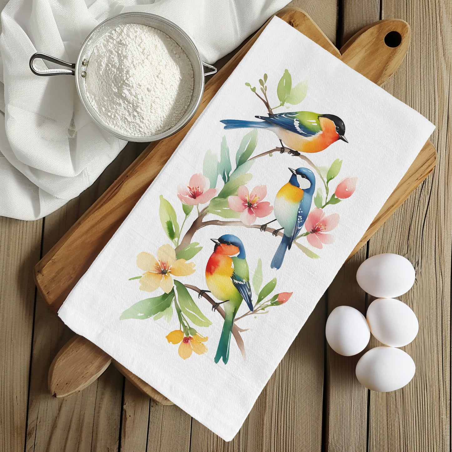 Spring Birds On Branch with Flowers -  White Flour Sack Kitchen Towel