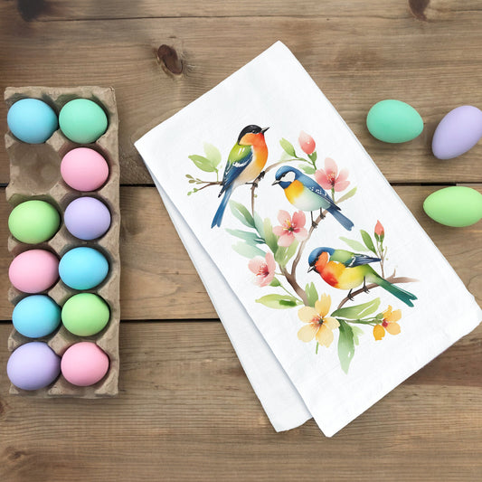 Spring Birds On Branch with Flowers - White Flour Sack Kitchen Towel