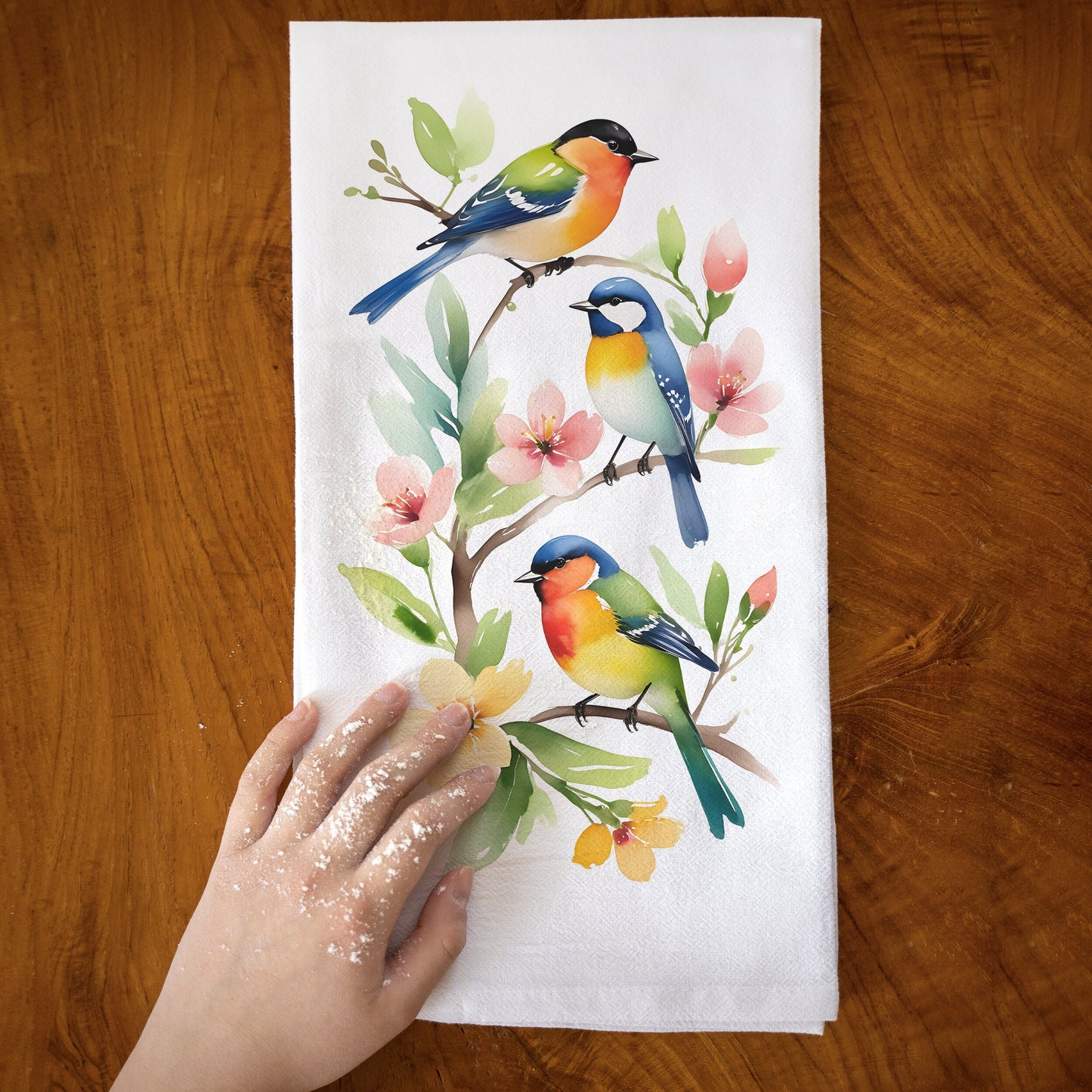 Spring Birds On Branch with Flowers -  White Flour Sack Kitchen Towel