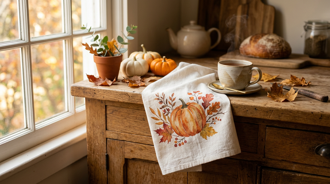Fall kitchen scene with an organic cotton pumpkin tea towel draped on a wooden counter beside small pumpkins and a warm mug