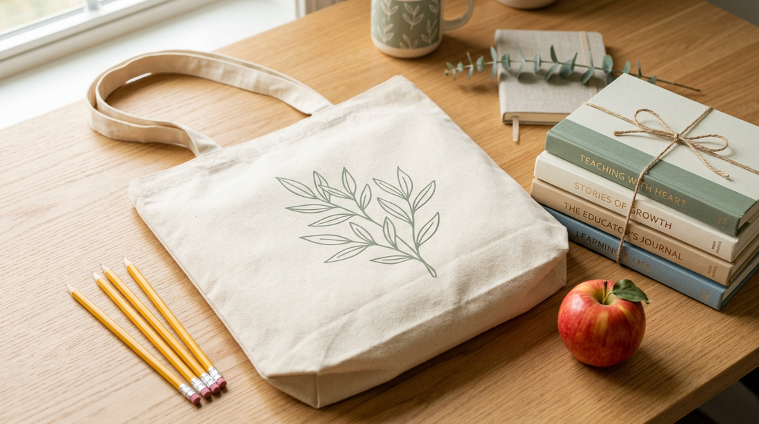 Natural cotton canvas tote bag on a wood desk with books, pencils and an apple for a back to school teacher gift theme