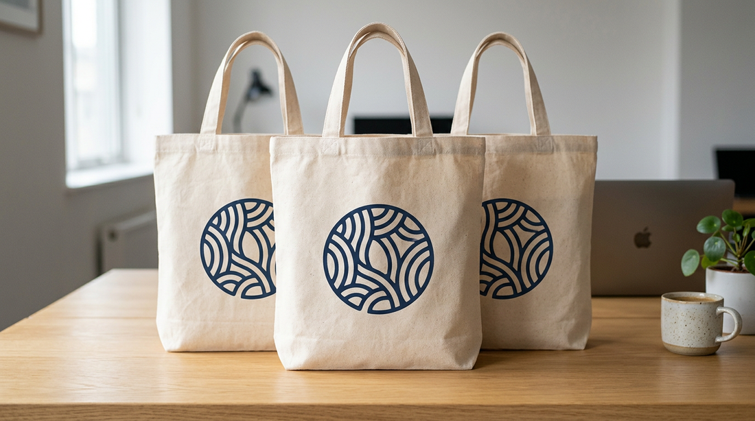 Three custom branded natural cotton canvas tote bags with a navy emblem standing on a bright office desk