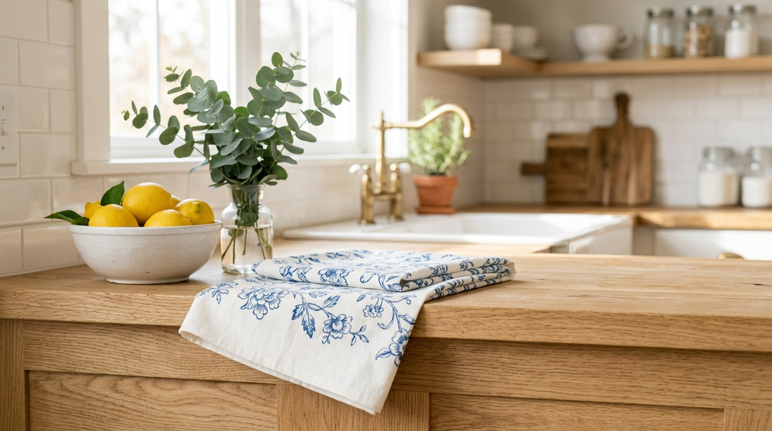 Soft white organic cotton tea towel with a blue and white floral print draped in a sunny farmhouse kitchen