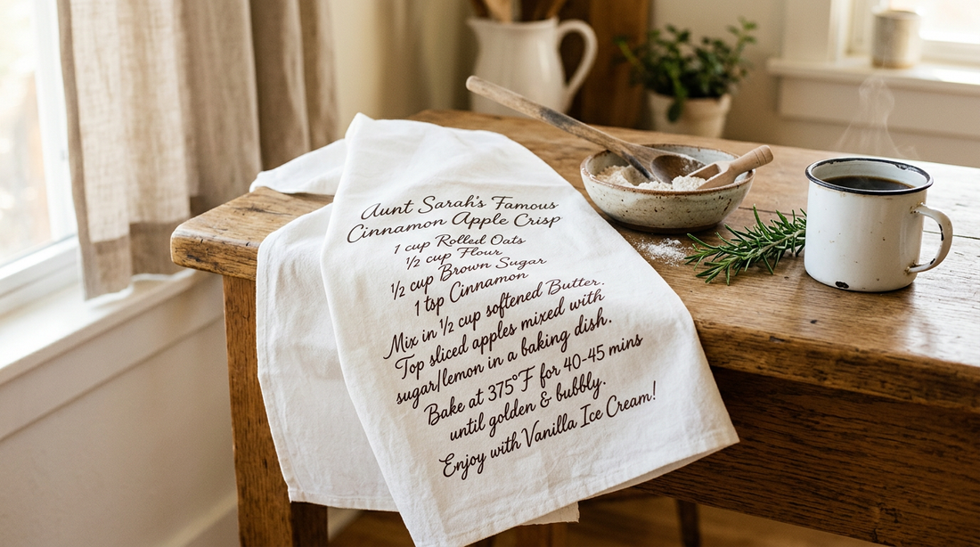 Organic cotton recipe tea towel with a handwritten recipe draped on a sunlit kitchen counter with a wooden spoon and fresh herbs