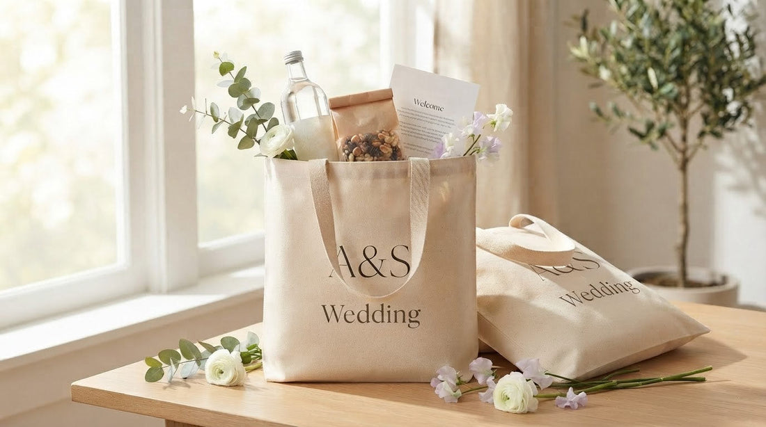 Two natural cotton canvas wedding welcome bags with a botanical design on a sunny table with water bottles, snacks, and eucalyptus