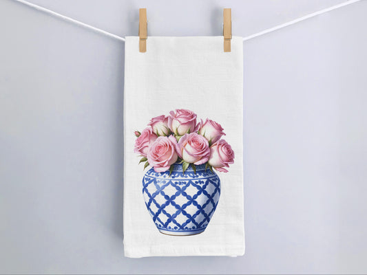 Blue Ginger Jar & Roses Kitchen Towel - Flour Sack Cotton Hand Towel