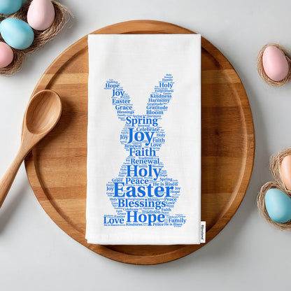 Easter Bunny Kitchen Towel Word Art, Religious Easter Decor, Spring Blessings Tea Towel, Organic Cotton Christian Gift