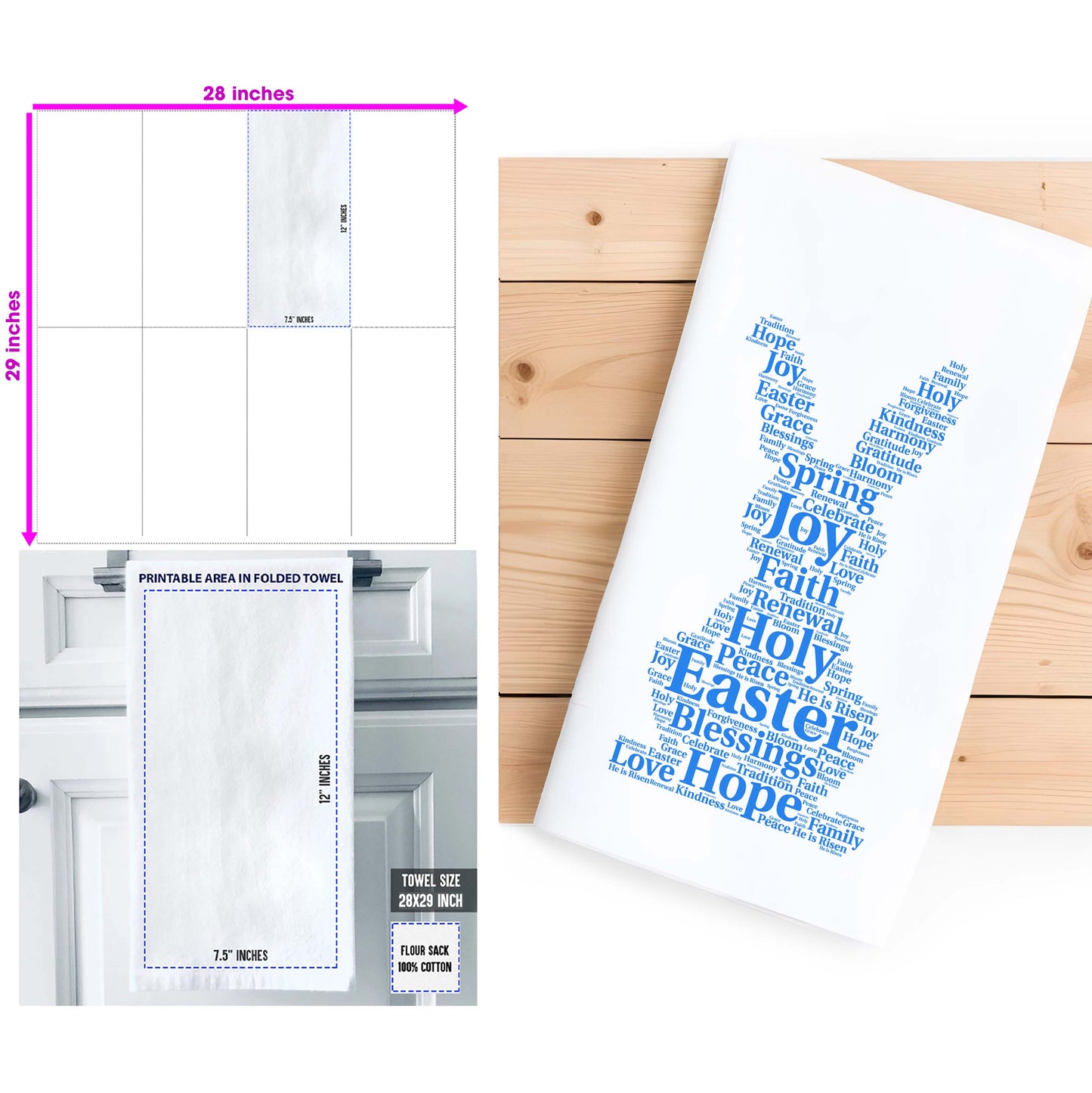 Easter Bunny Kitchen Towel Word Art, Religious Easter Decor, Spring Blessings Tea Towel, Organic Cotton Christian Gift