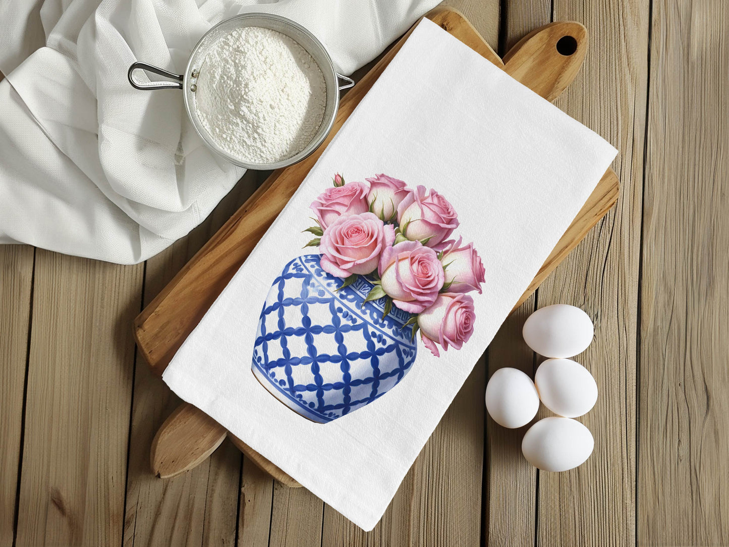 Blue Ginger Jar & Roses Kitchen Towel - Flour Sack Cotton Hand Towel