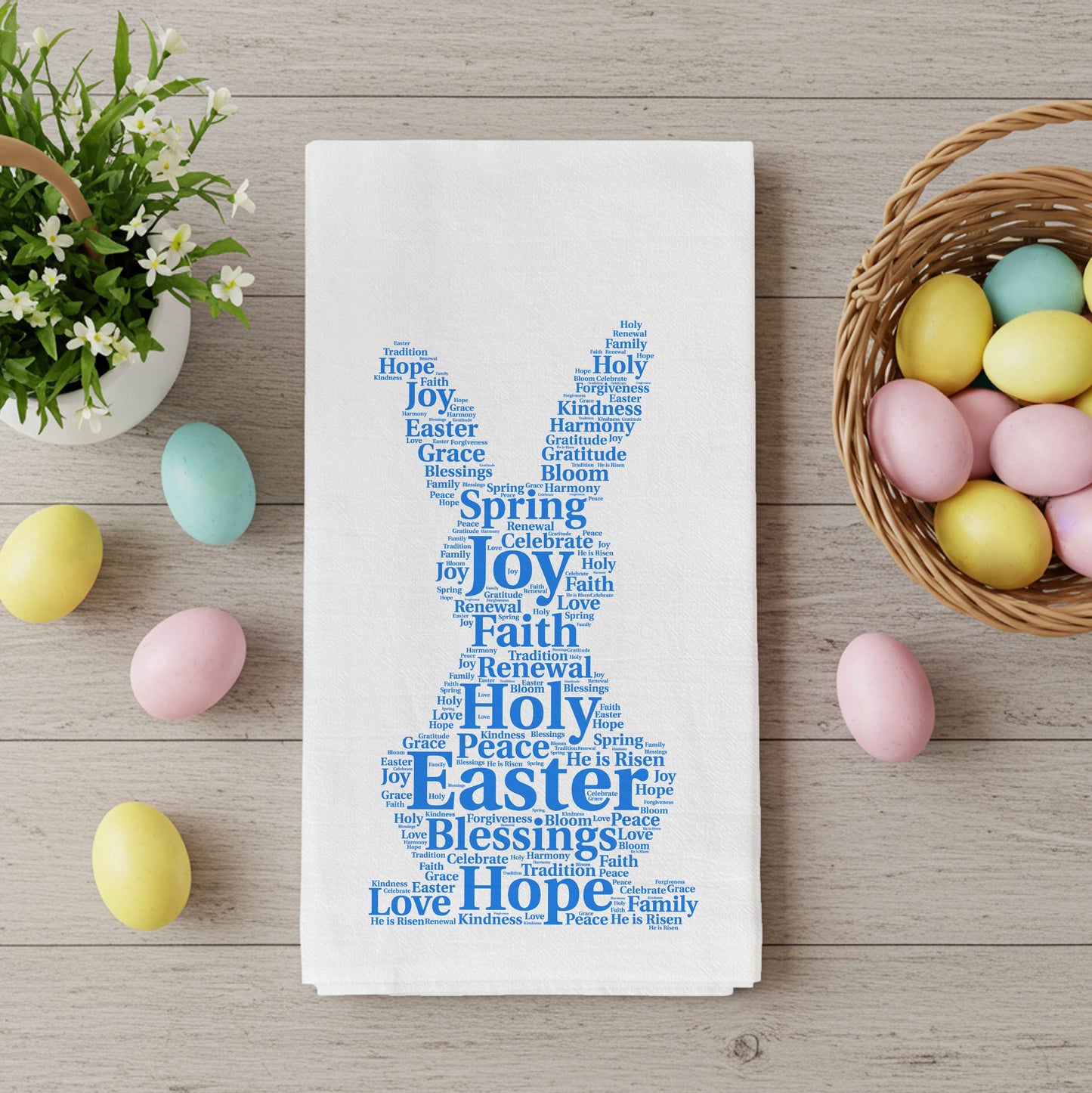 Easter Bunny Kitchen Towel Word Art, Religious Easter Decor, Spring Blessings Tea Towel, Organic Cotton Christian Gift