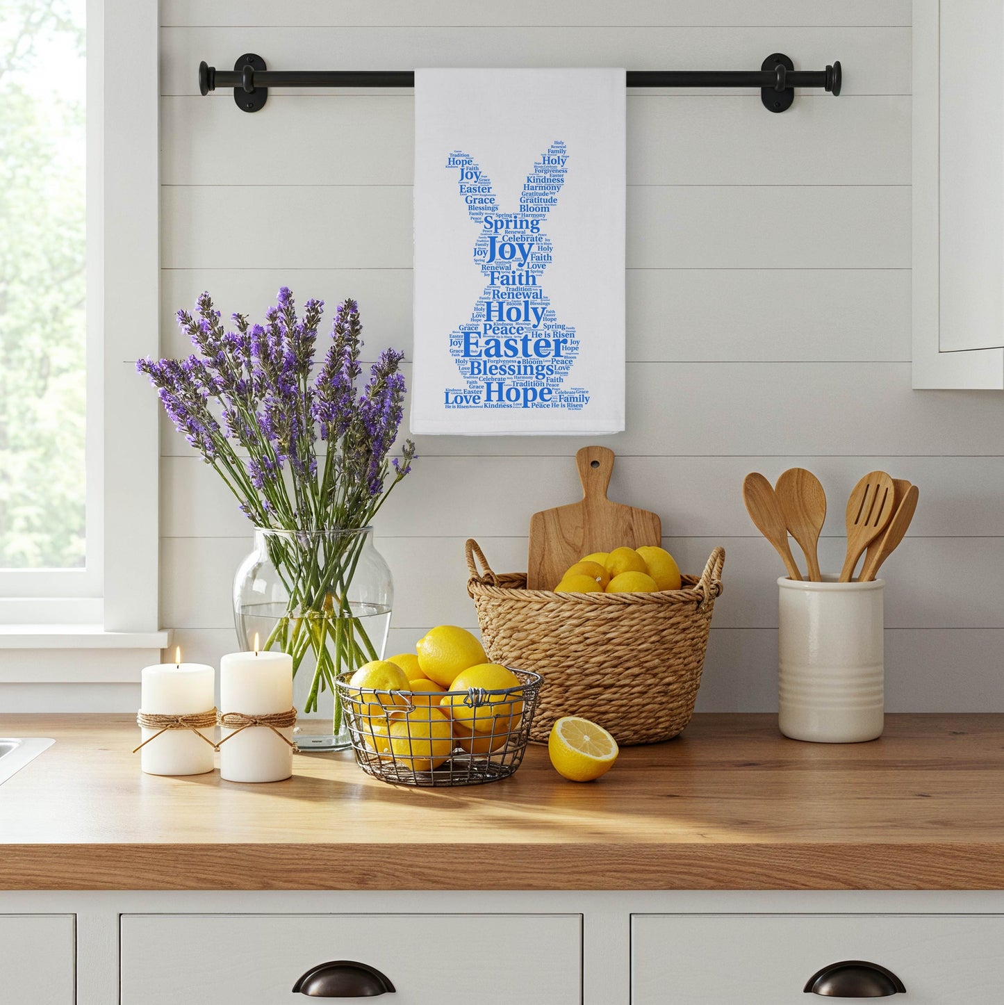 Easter Bunny Kitchen Towel Word Art, Religious Easter Decor, Spring Blessings Tea Towel, Organic Cotton Christian Gift