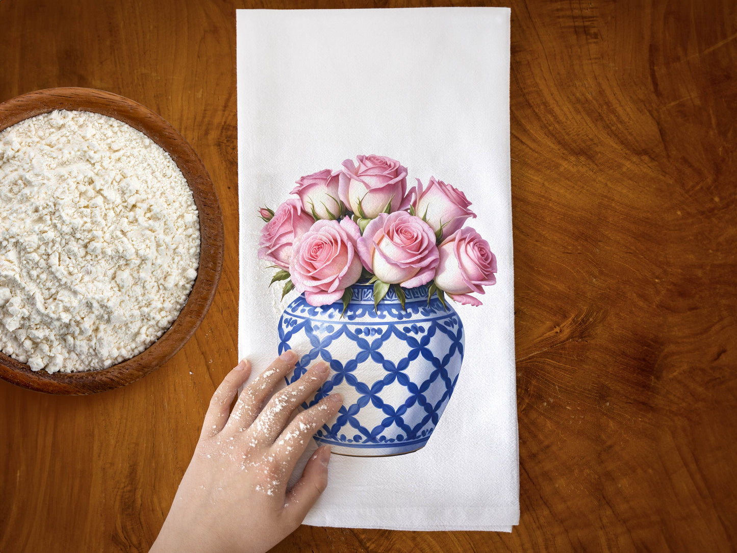 Blue Ginger Jar & Roses Kitchen Towel - Flour Sack Cotton Hand Towel