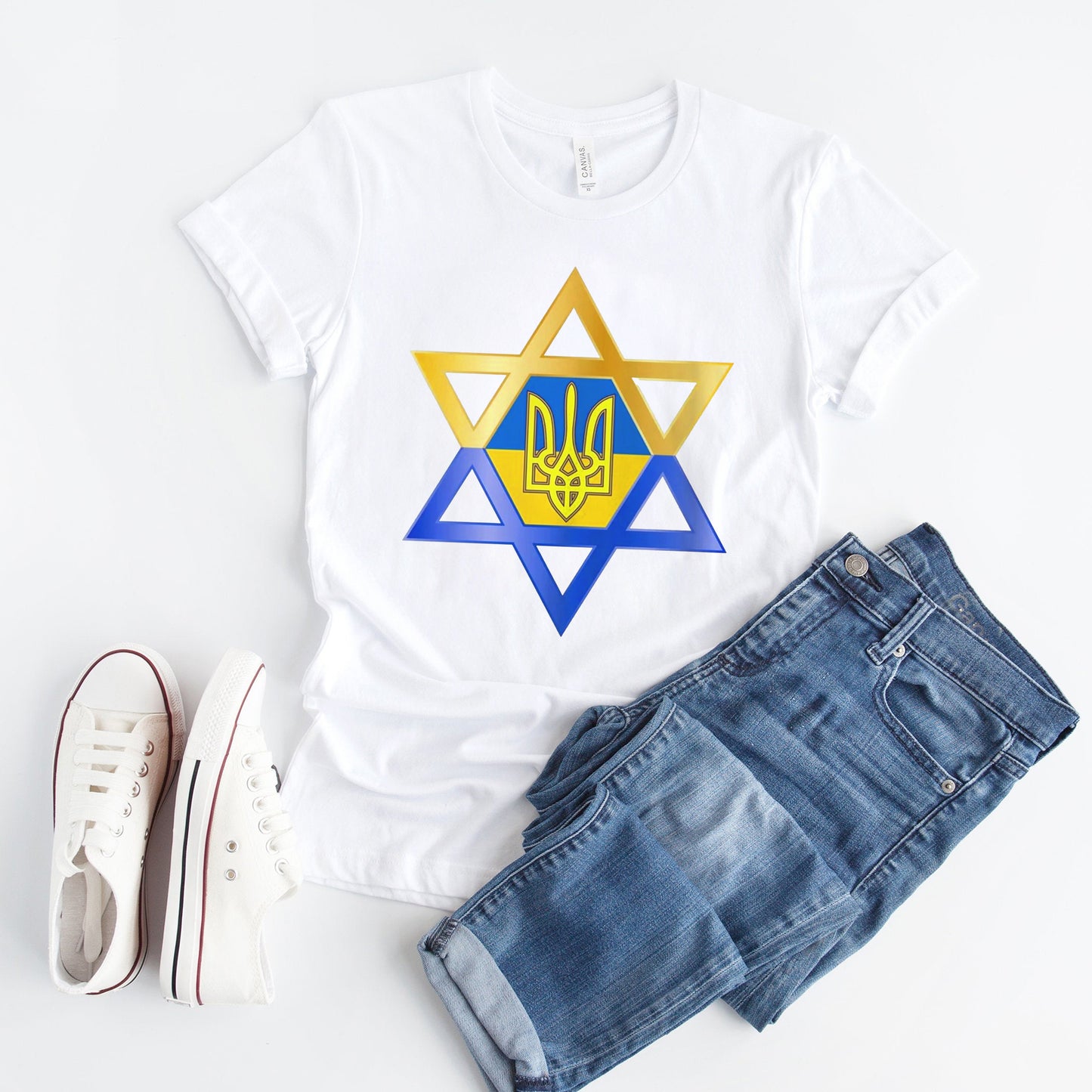 Jewish Ukrainian Symbol Cotton T-Shirt, Stand with Ukraine