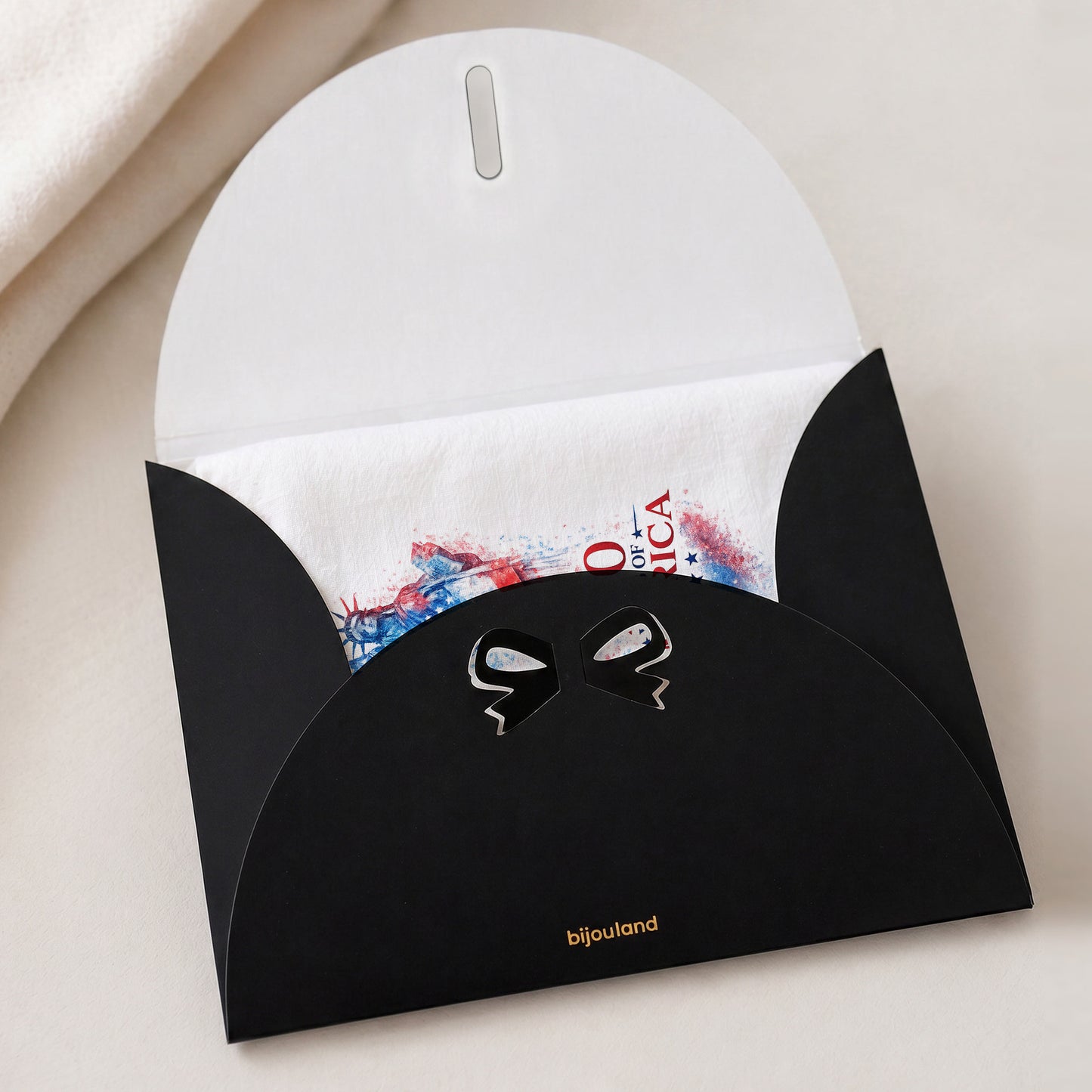 250 Years of America tea towel folded in a Bijouland gift envelope