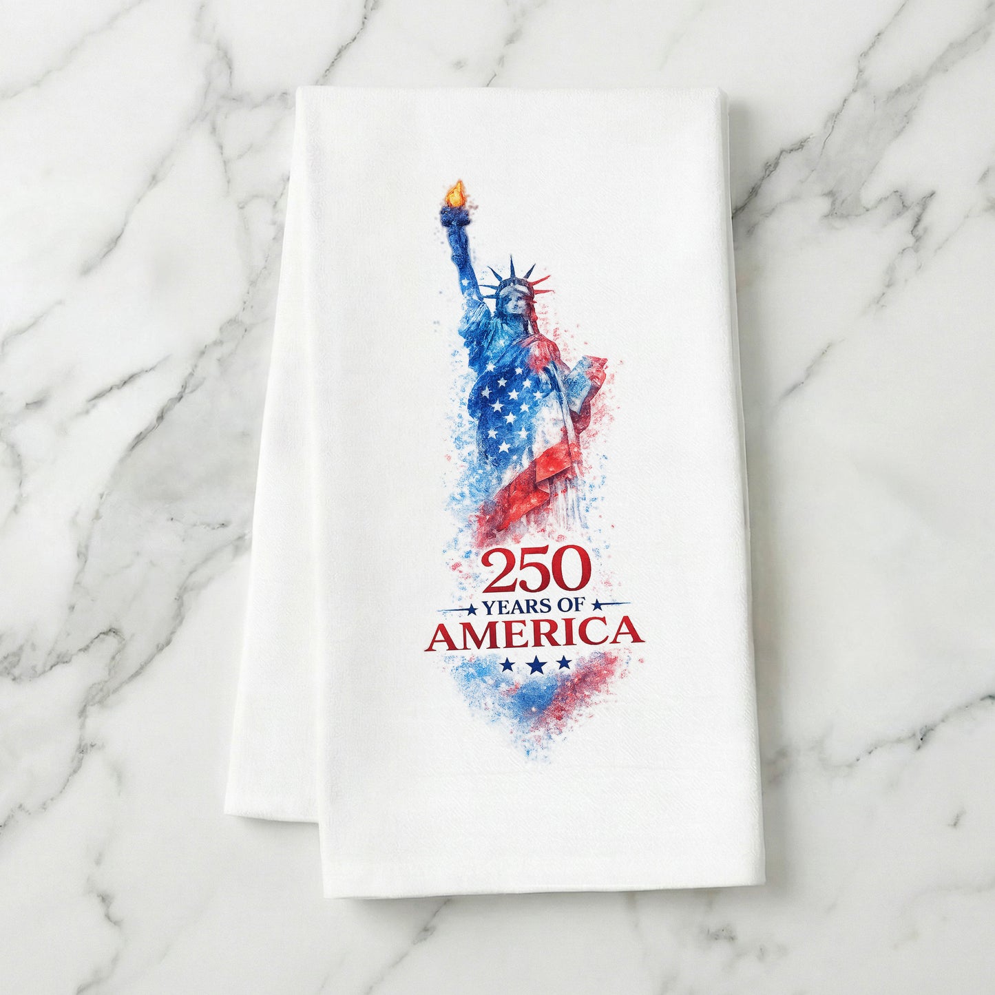 250 Years of America Statue of Liberty tea towel styled on marble