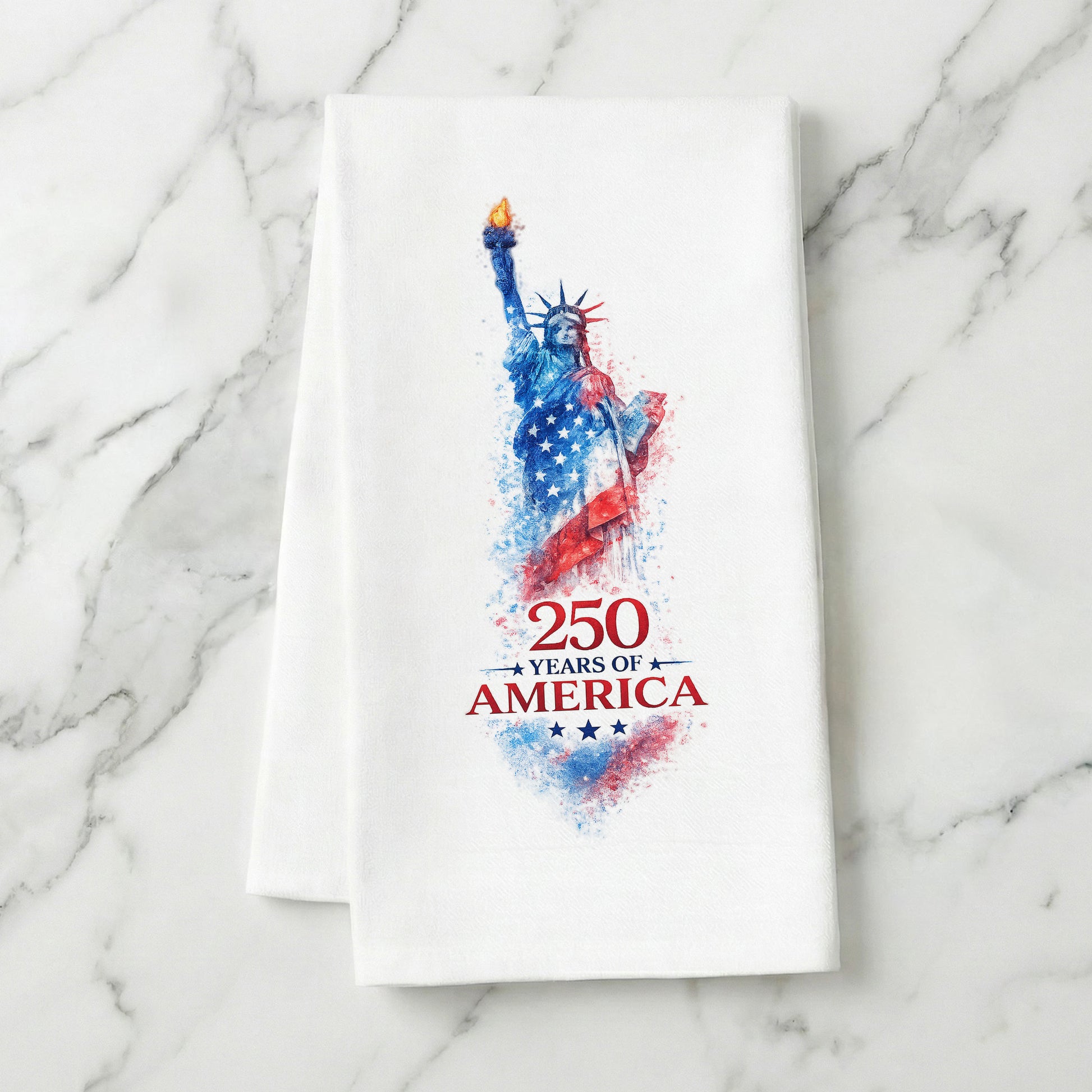 250 Years of America Statue of Liberty tea towel styled on marble