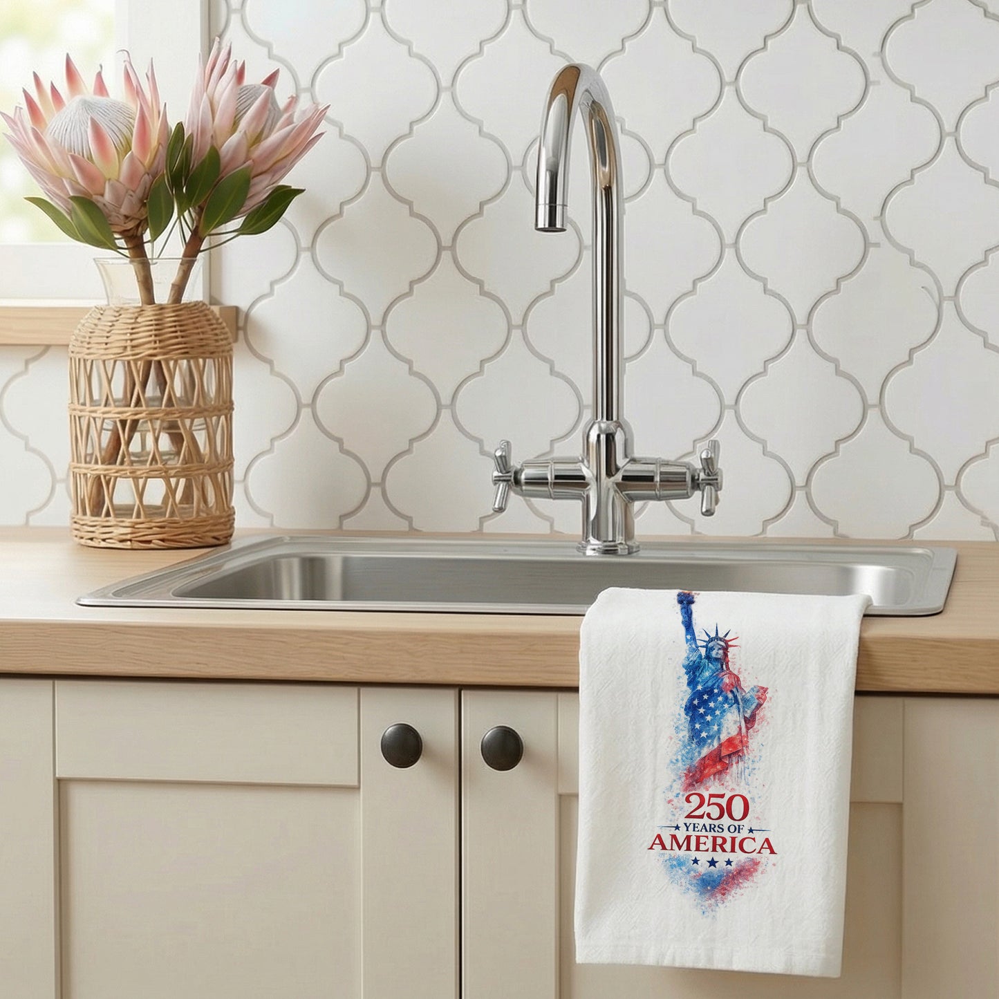 250 Years of America Statue of Liberty tea towel styled by a kitchen sink