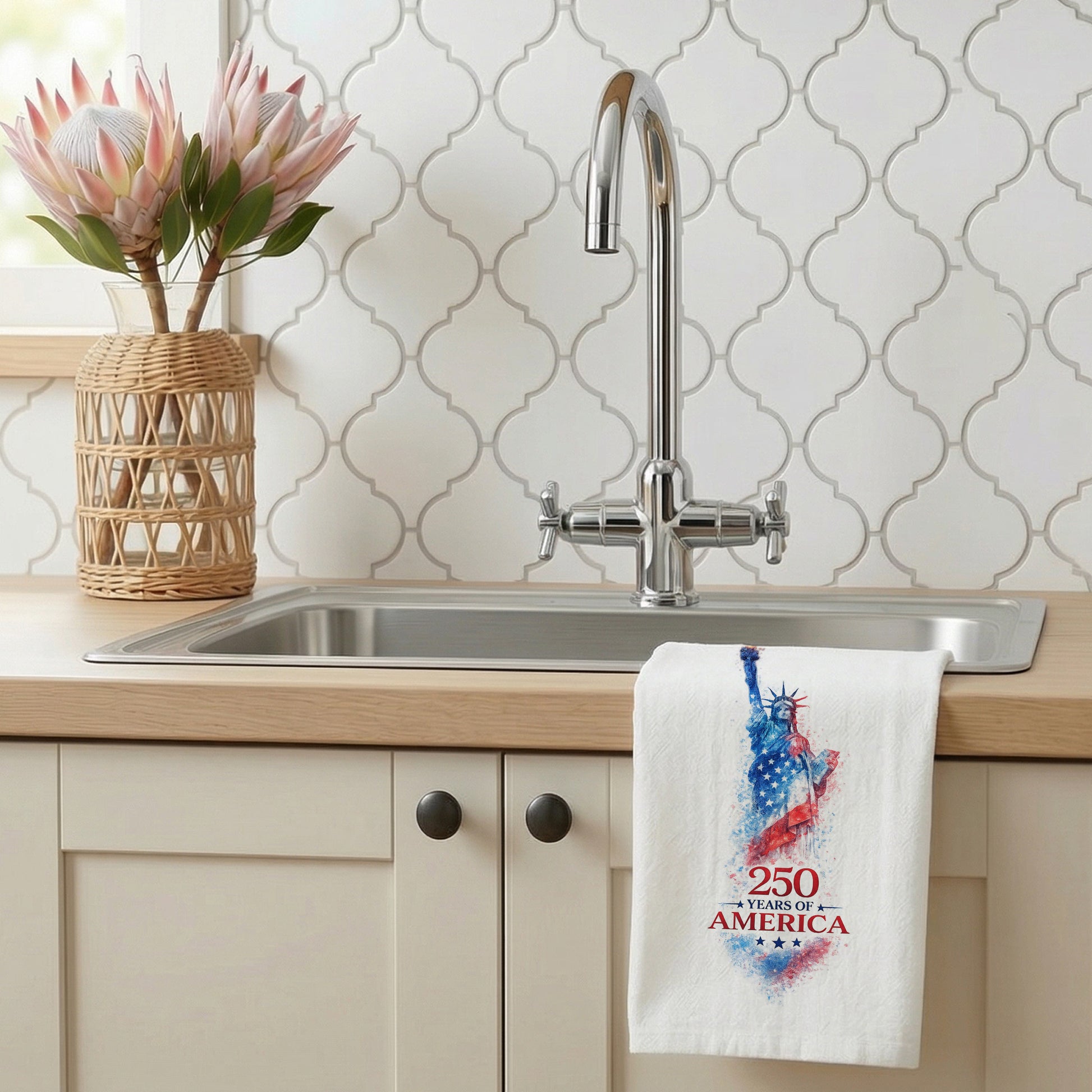 250 Years of America Statue of Liberty tea towel styled by a kitchen sink
