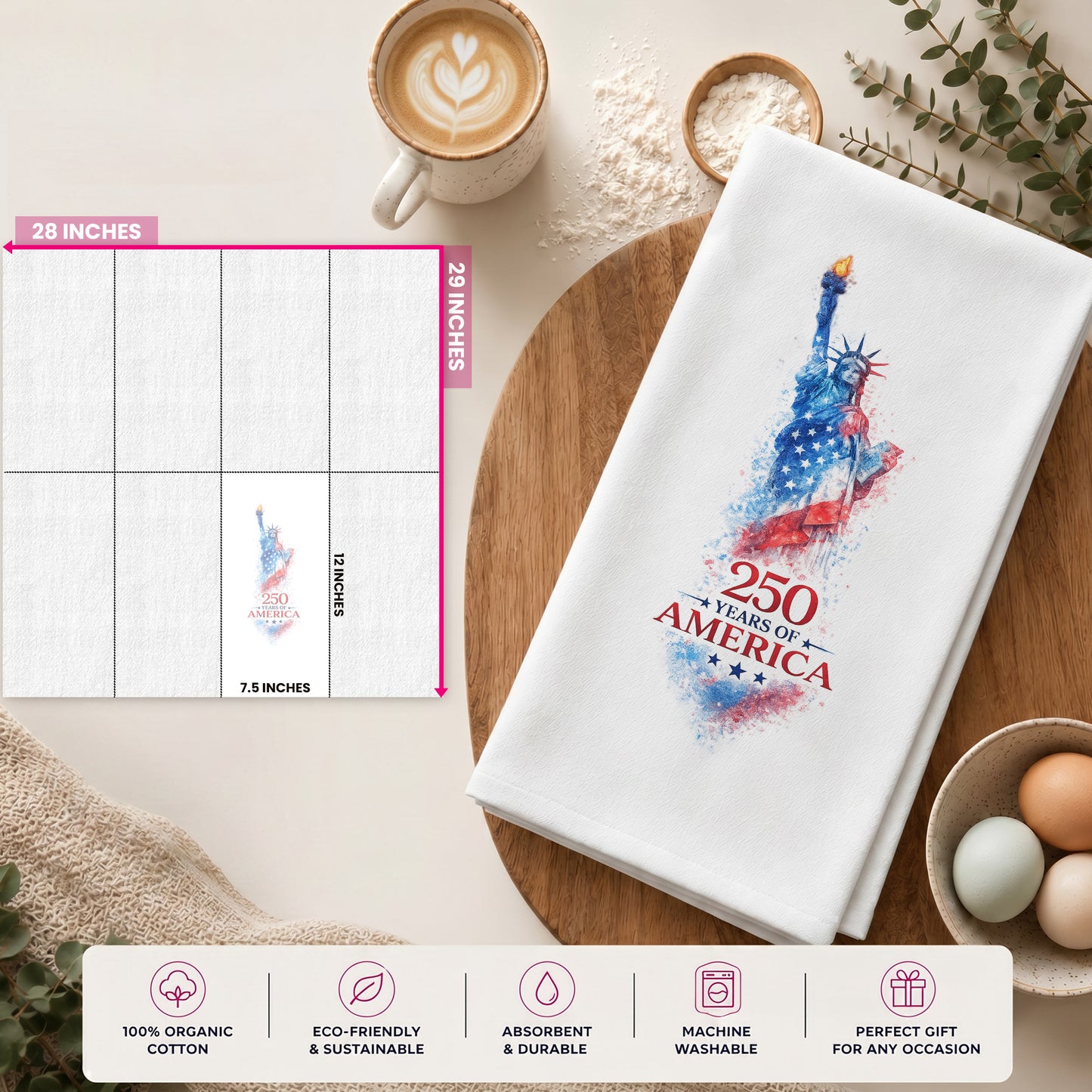 Size guide for 250 Years of America Statue of Liberty tea towel