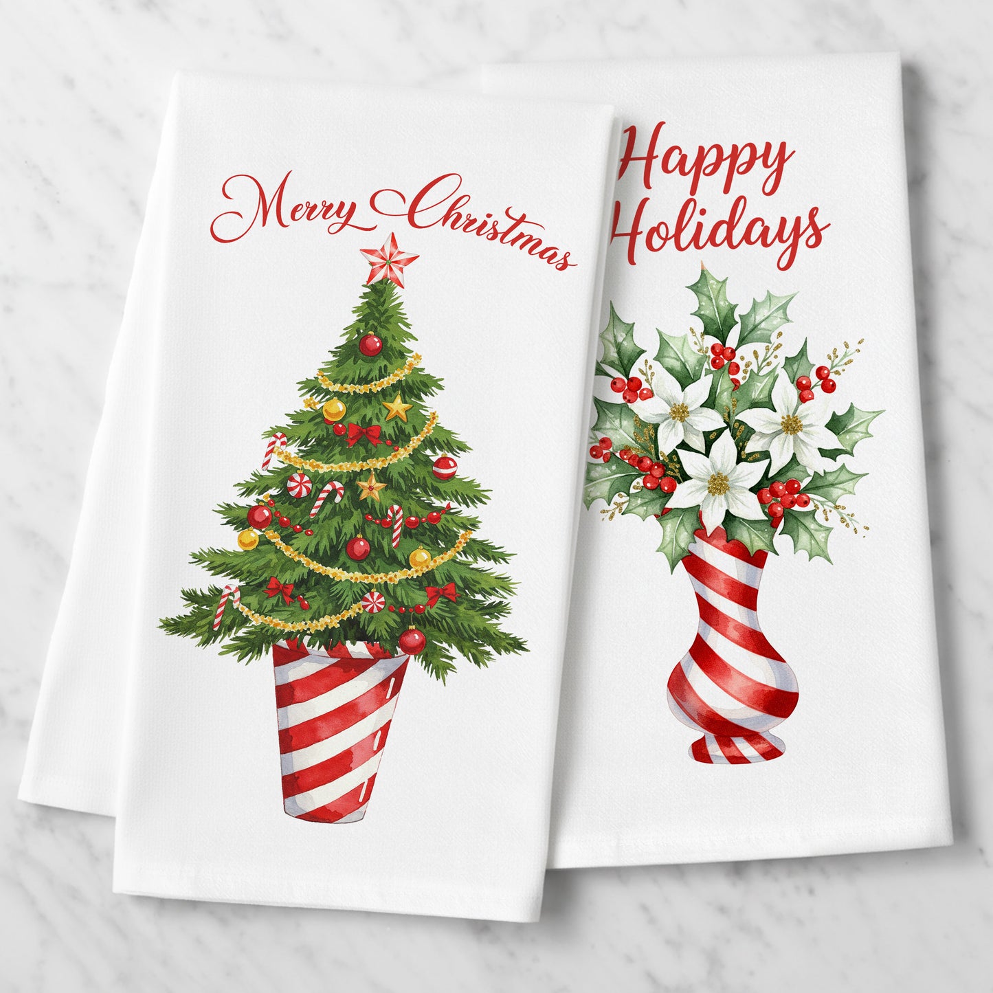 Candy Cane Tree and Poinsettia Vase - Holiday Tea Towels