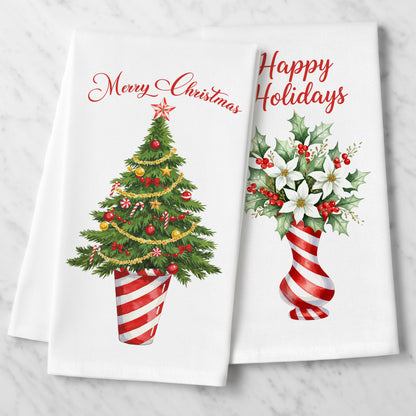 Candy Cane Tree and Poinsettia Vase - Holiday Tea Towels