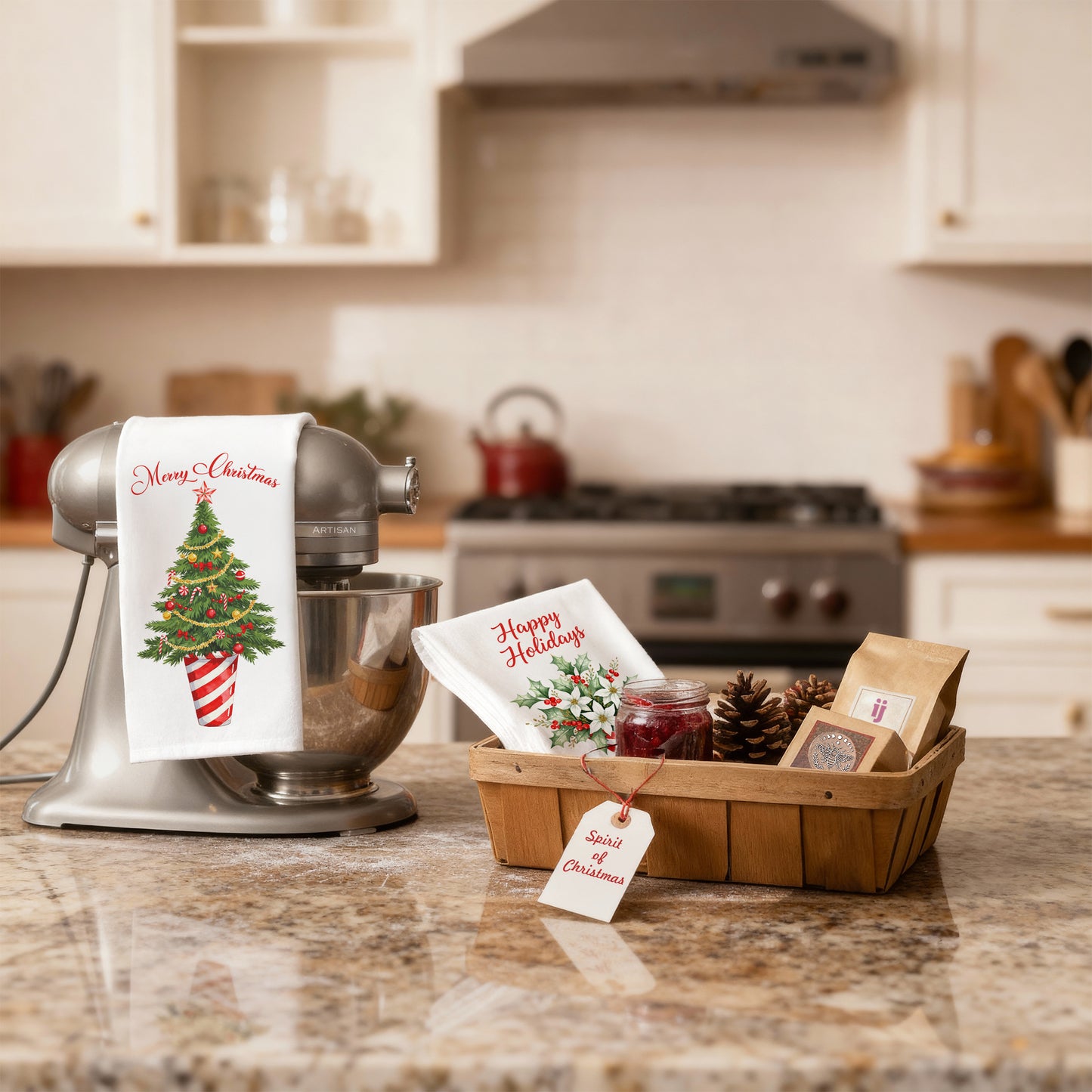 Candy Cane Tree and Poinsettia Vase - Holiday Tea Towels