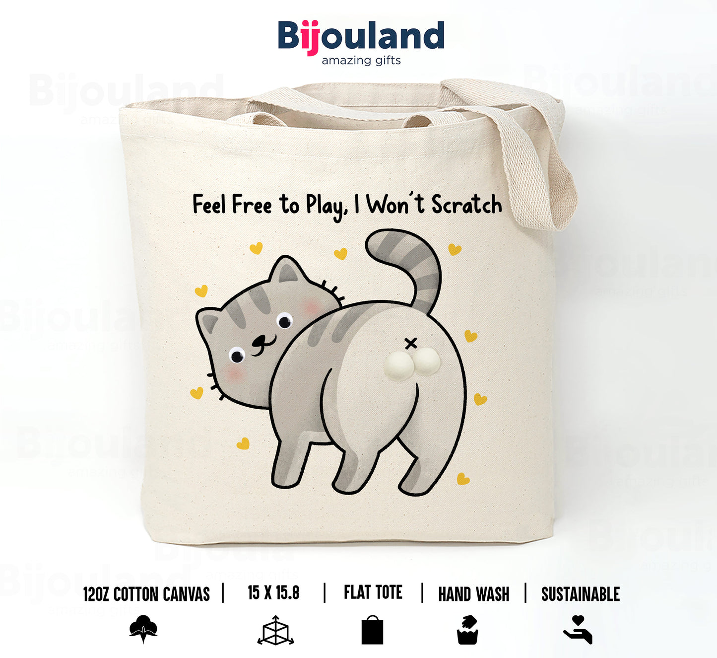 Feel Free to Play, I Won't Scratch - Funny Cat Tote Bag with playful balls, Cotton Canvas, 15 x 16 inches
