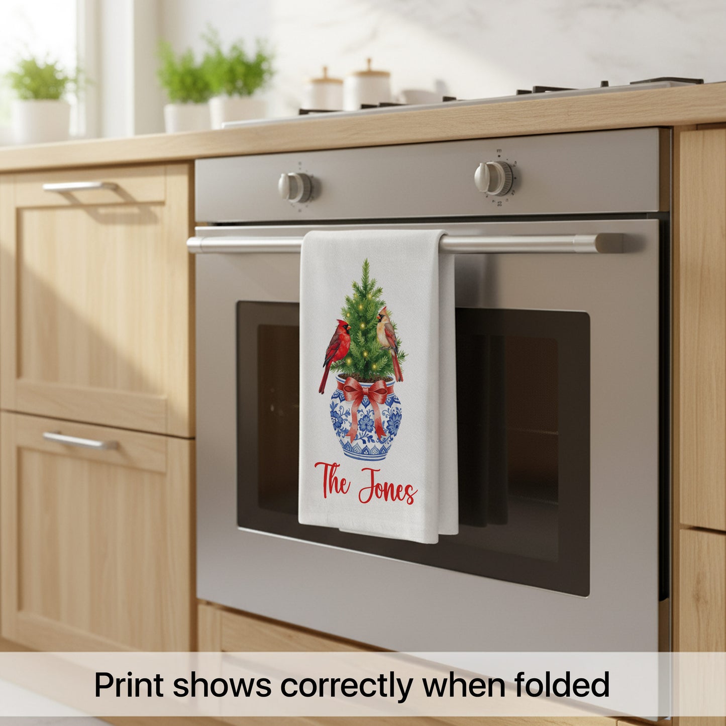 Chinoiserie Christmas Tree with Cardinals in Blue and White Vase Tea Towel