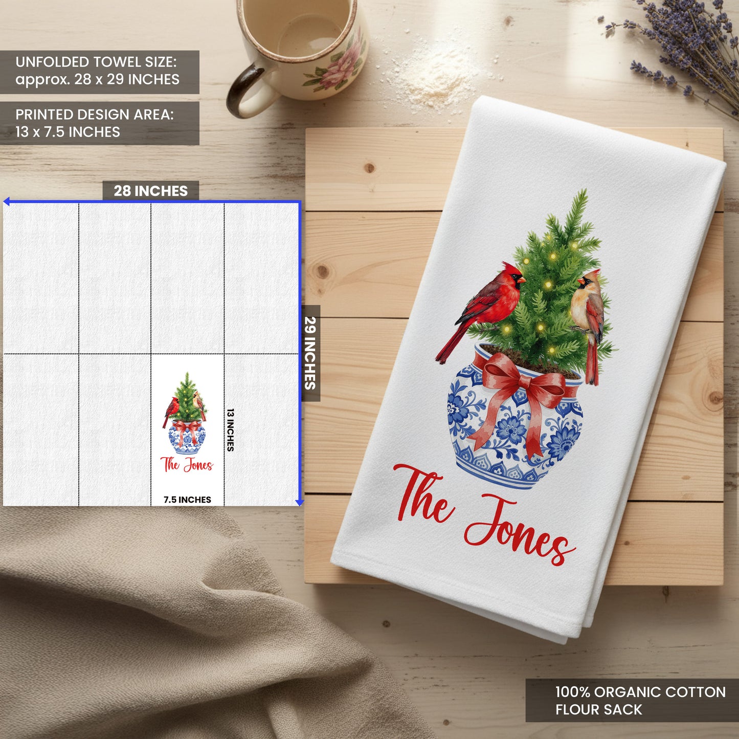 Chinoiserie Christmas Tree with Cardinals in Blue and White Vase Tea Towel