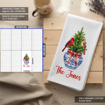 Chinoiserie Christmas Tree with Cardinals in Blue and White Vase Tea Towel