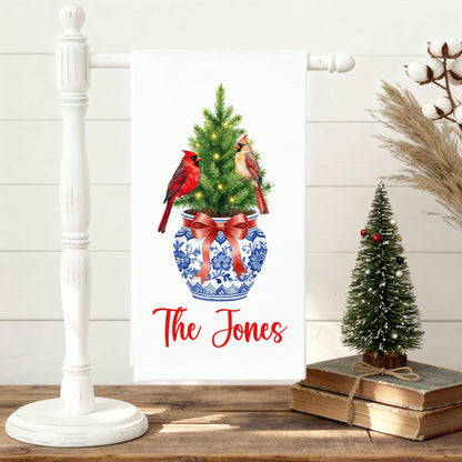 Chinoiserie Christmas Tree with Cardinals in Blue and White Vase Tea Towel