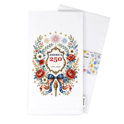 America 250 botanical wreath tea towel folded with a belly band, showing the gift-ready presentation