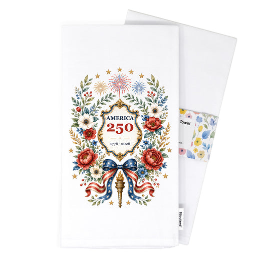 America 250 botanical wreath tea towel folded with belly band