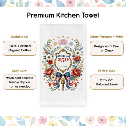Feature graphic for the America 250 botanical wreath tea towel showing organic cotton, permanent print, easy care, and towel details