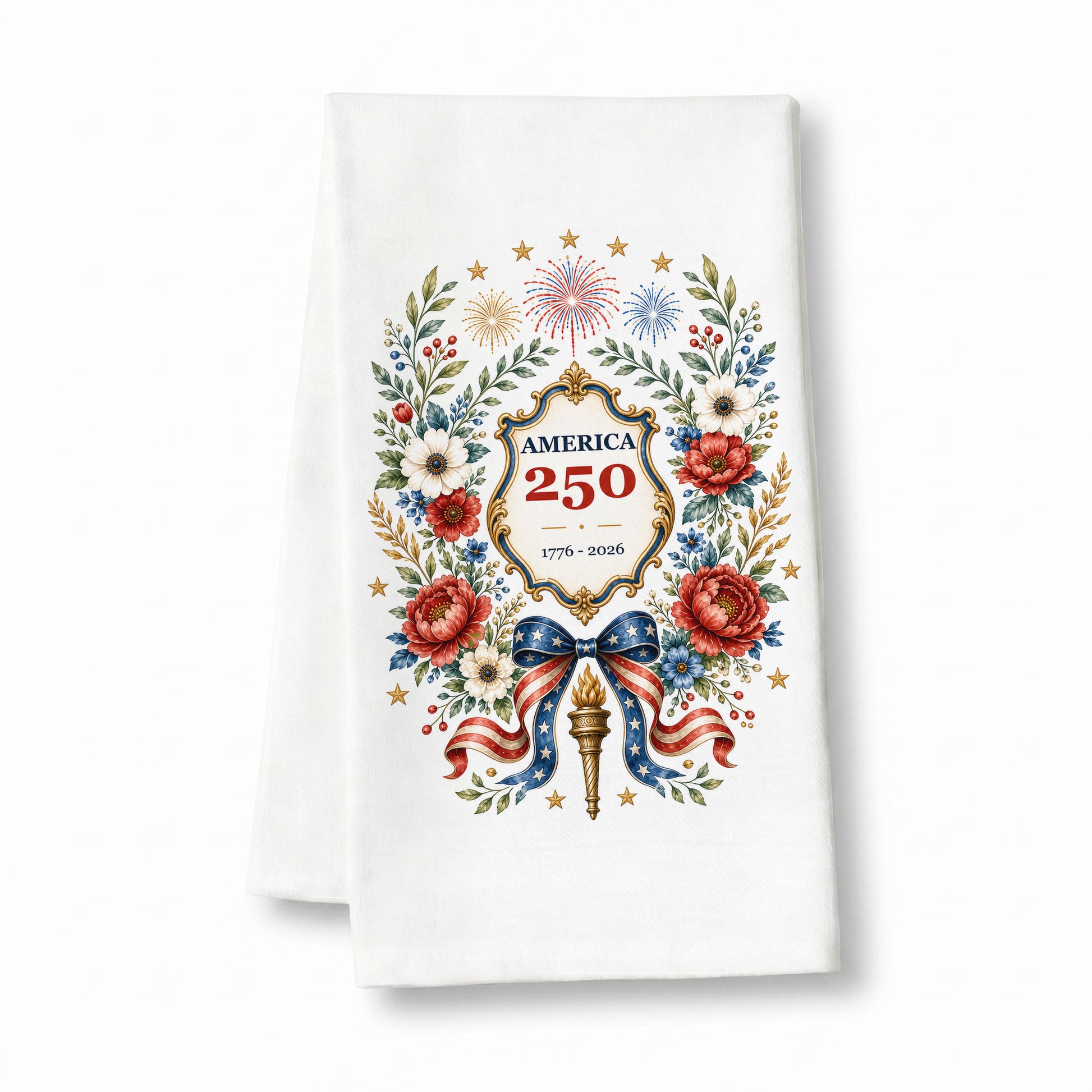 America 250 botanical wreath tea towel on a clean white background with floral patriotic artwork, fireworks, stars, bow, torch, and 1776 to 2026 seal