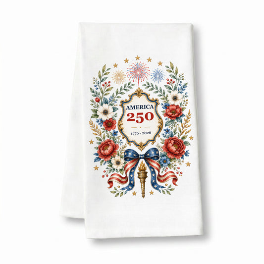 America 250 botanical wreath tea towel on white flour sack cotton