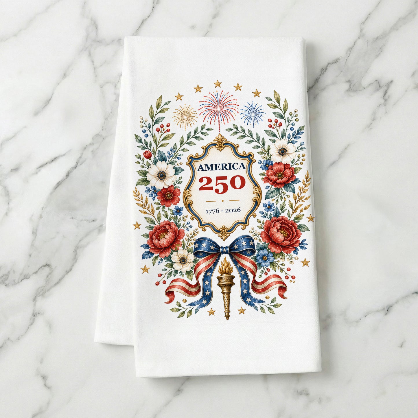America 250 botanical wreath tea towel styled on a marble background with red white and blue floral anniversary artwork