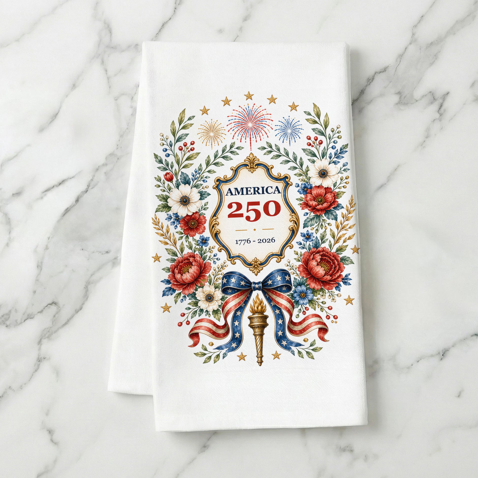 America 250 botanical wreath tea towel styled on a marble background with red white and blue floral anniversary artwork