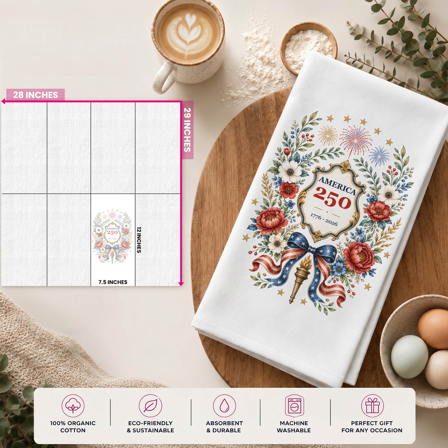 Size and layout guide for the America 250 botanical wreath tea towel on white flour sack organic cotton