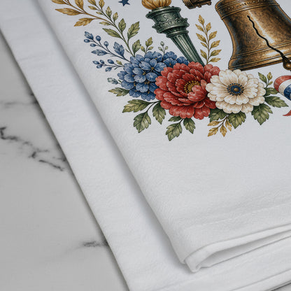 Close-up of eagle, Liberty Bell, and 250 Years tea towel artwork