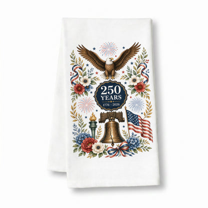 America 250 eagle heritage tea towel on white flour sack cotton