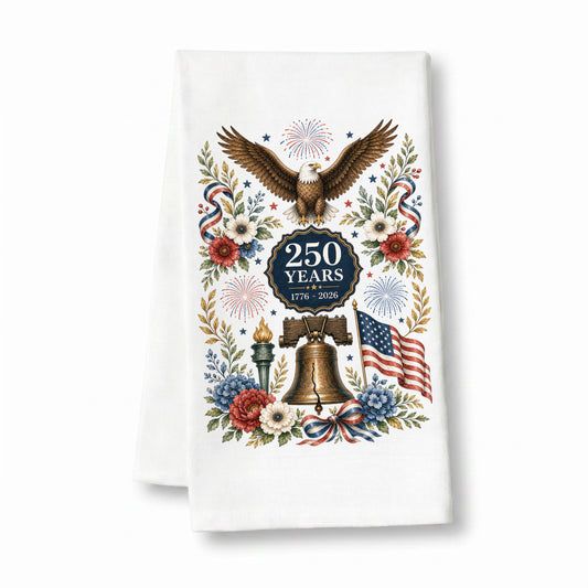 America 250 eagle heritage tea towel on white flour sack cotton