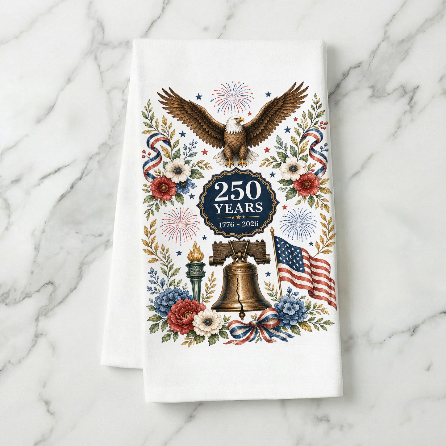 America 250 eagle heritage tea towel styled on marble background