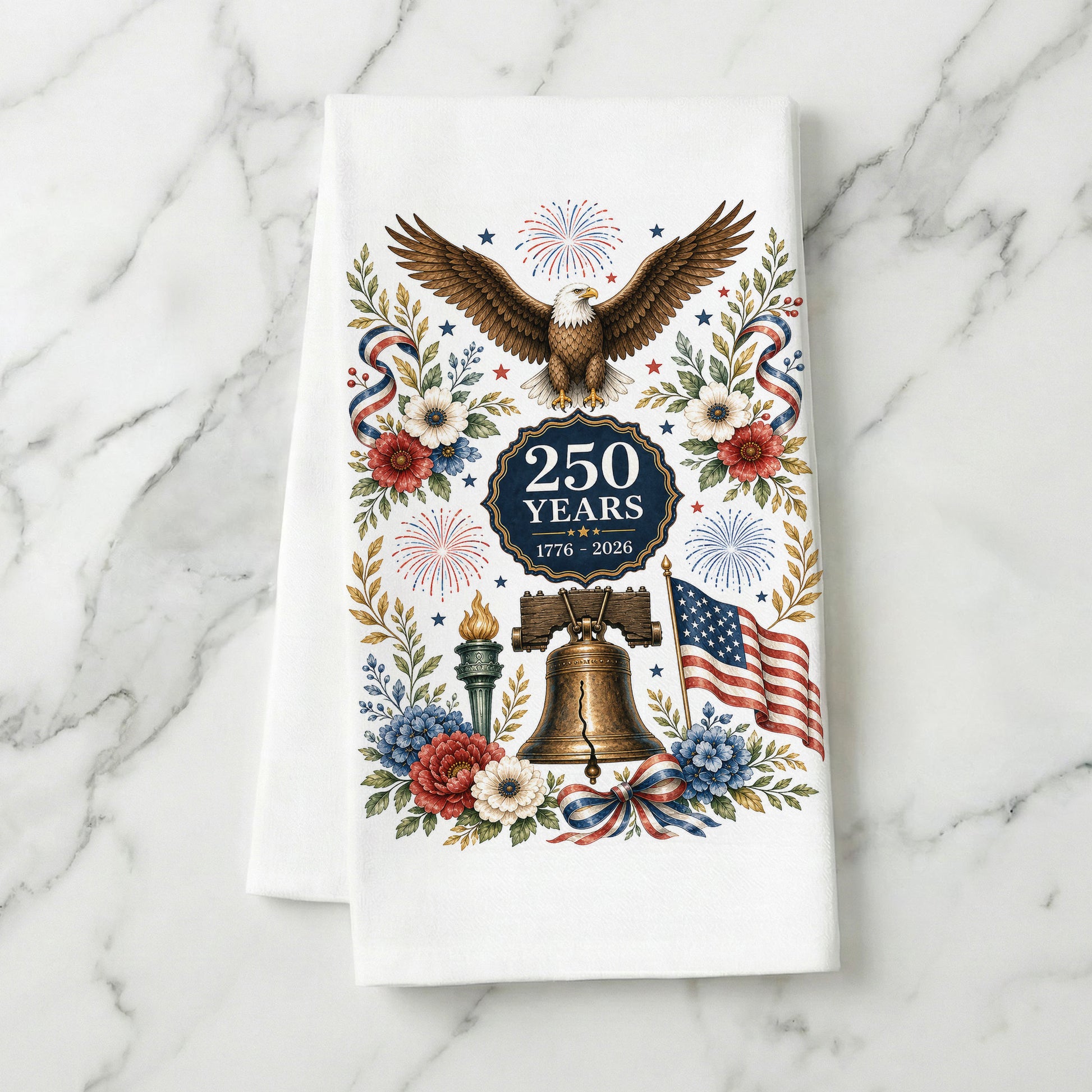 America 250 eagle heritage tea towel styled on marble background