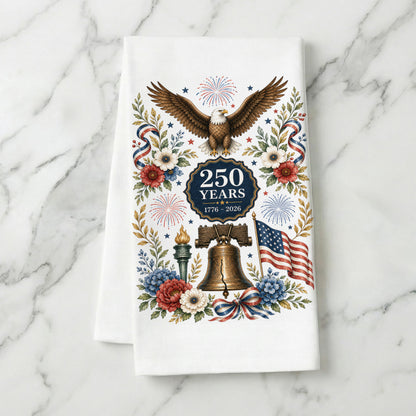America 250 eagle heritage tea towel styled on marble background