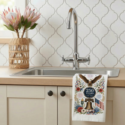 America 250 eagle heritage tea towel displayed by a kitchen sink