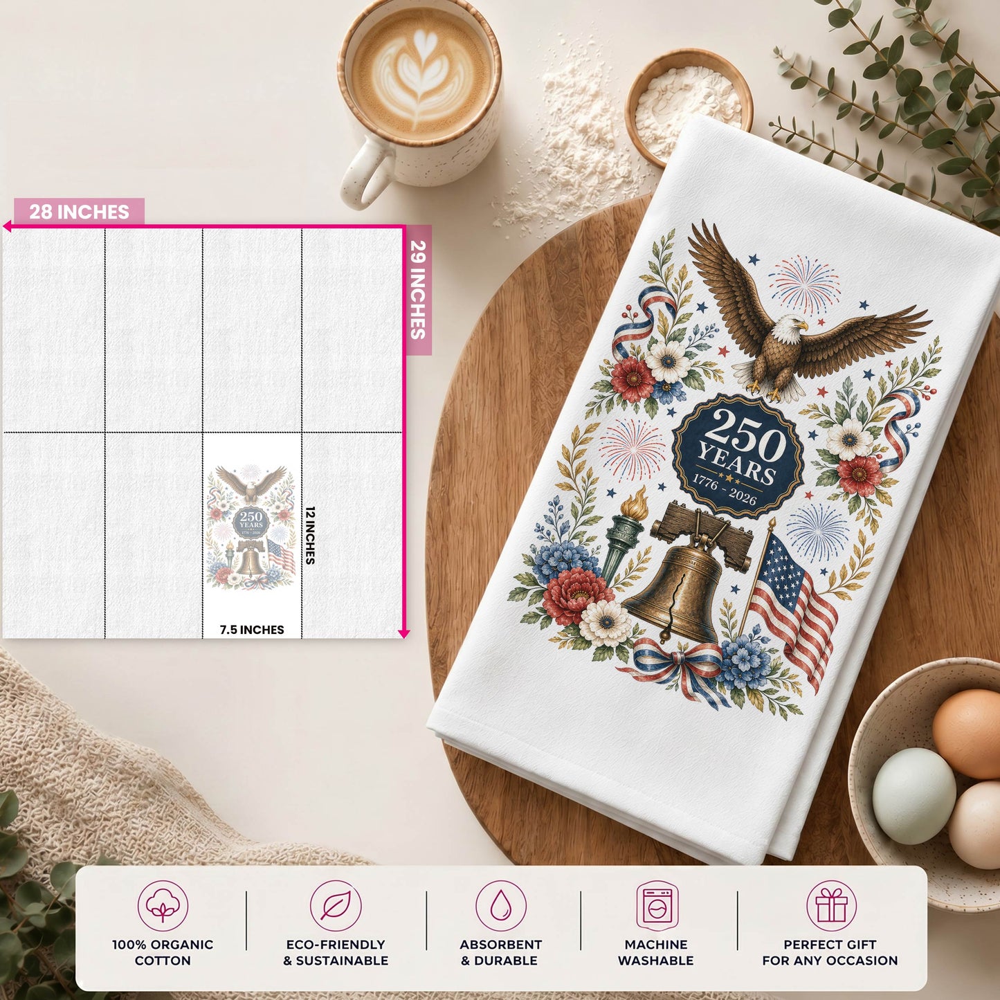 Size guide for America 250 eagle heritage tea towel