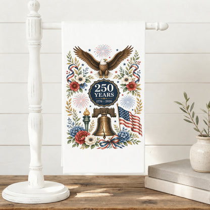 America 250 eagle heritage tea towel displayed on towel stand